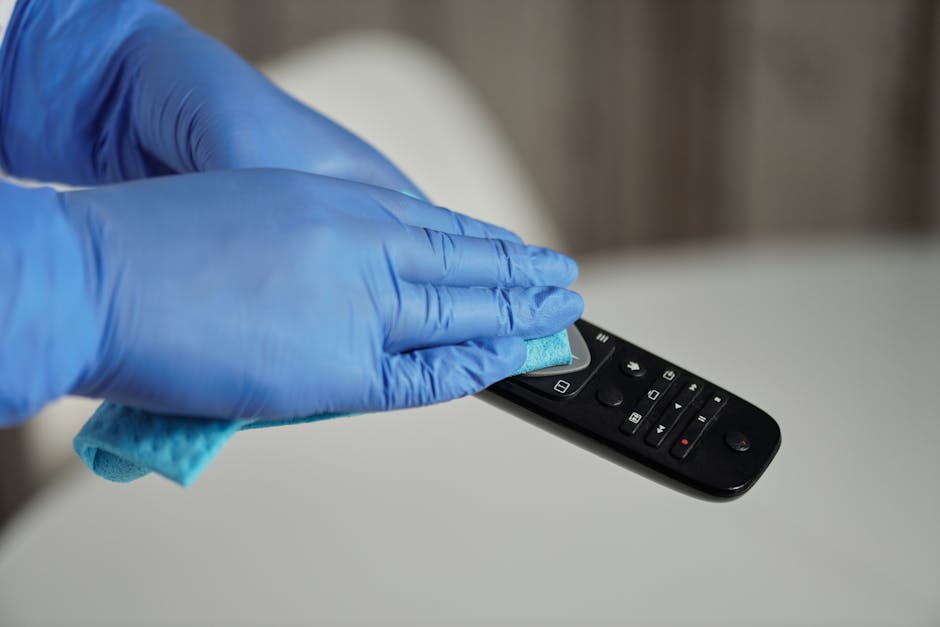 A person wearing blue disposable gloves is using a blue microfiber cloth to clean the surface of a black remote control, which rests on a white table or countertop. The background appears to be a soft